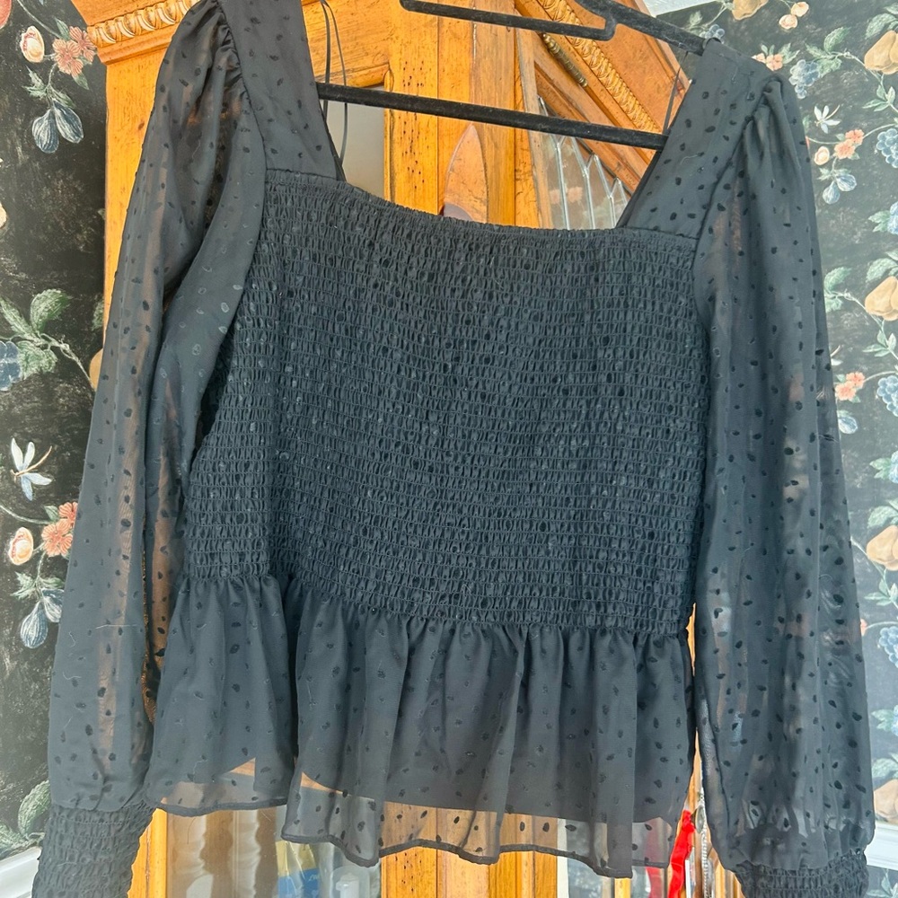 Nine West Black Sheer Swiss Dot Smocked Peplum Top - Women